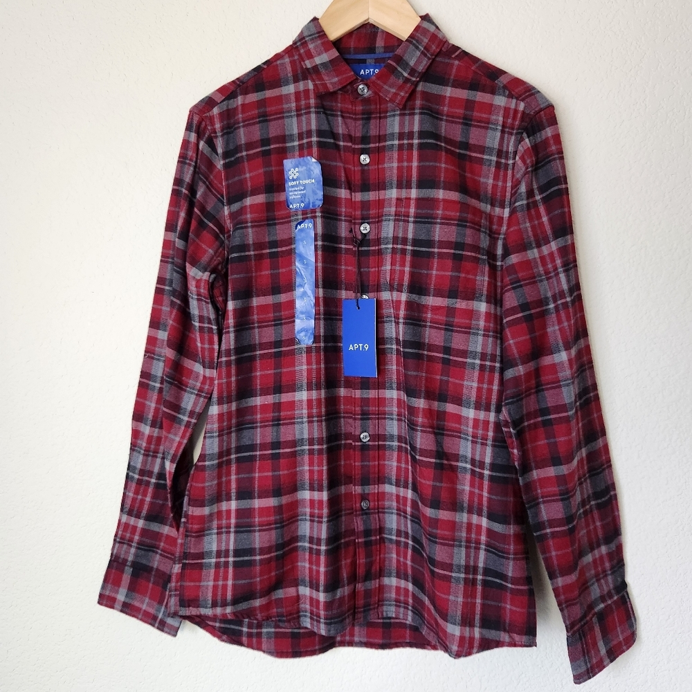 NWT Men's Apt.9 Long Sleeve Button Down Soft Touch Lightweight Red/Black Size S